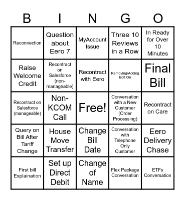 Customer Service Bingo Card