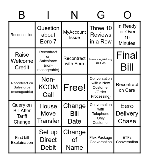 Customer Service Bingo Card