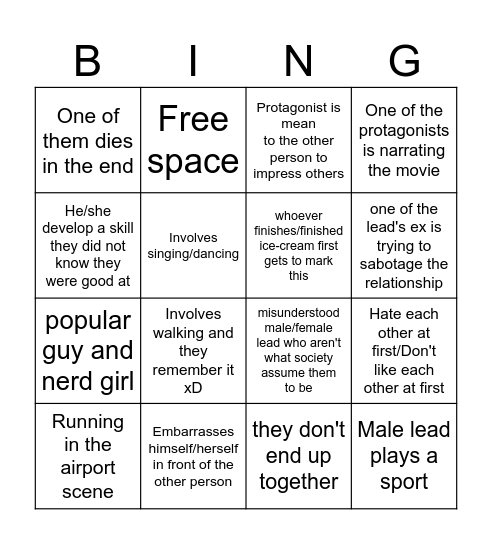 Cliche Movie Trope Bingo Card