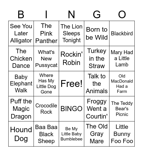 Animal Songs Bingo Card