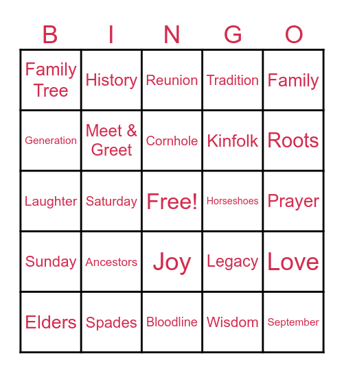 Blacknell & Jones Family Reunion Bingo Card