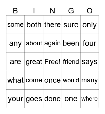 Sight Words Bingo Card