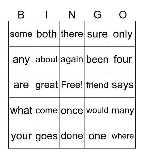 Sight Words Bingo Card