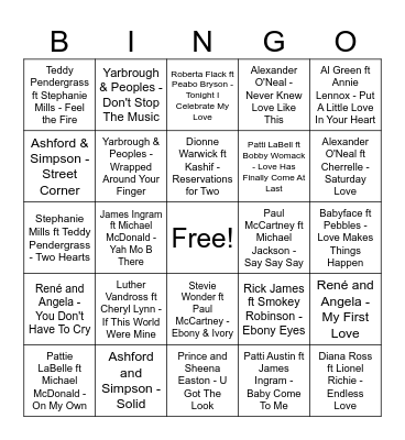 R&B Bingo: 80s Duets Bingo Card