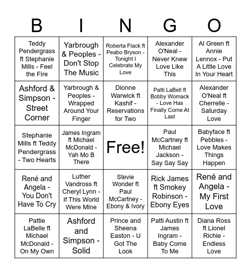 R&B Bingo: 80s Duets Bingo Card