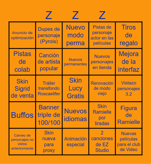 ZENLESS 3RD Annyv Bingo Card