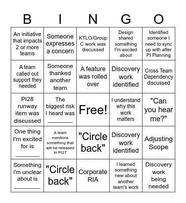 PI Planning Bingo Card