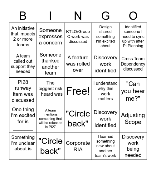 PI Planning Bingo Card