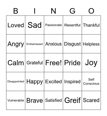 Emotion Bingo Card