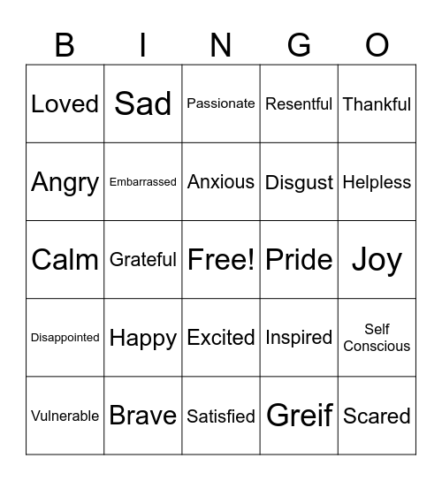 Emotion Bingo Card
