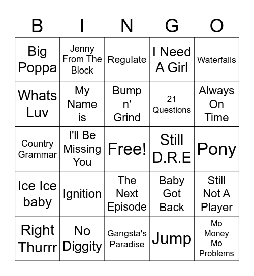 90's Hip Hop Bingo Card