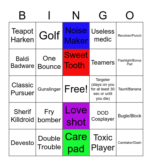 Die of Death Bingo Card