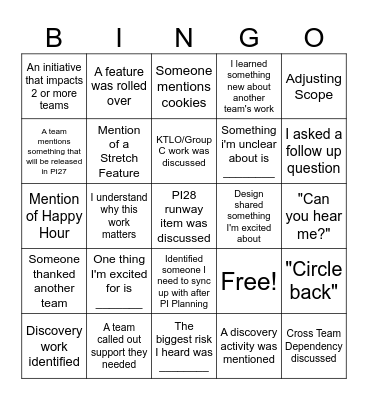 PI Planning Bingo Card