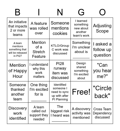PI Planning Bingo Card