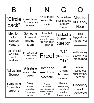 PI Planning Bingo Card