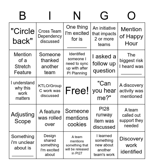 PI Planning Bingo Card