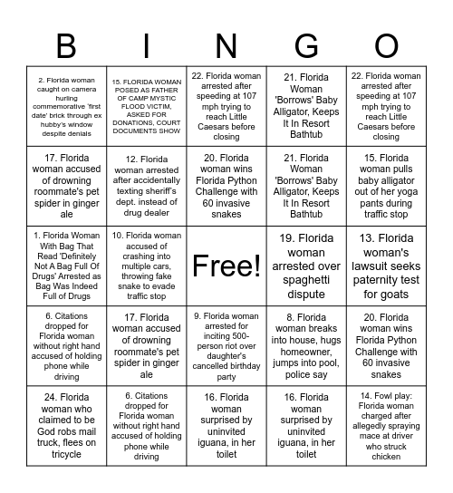 Florida Woman Bingo Card