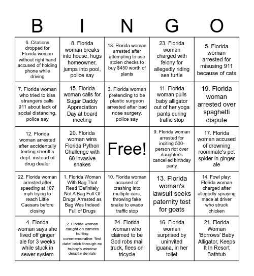 Florida Woman Bingo Card