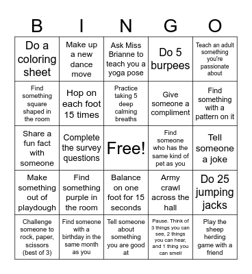 Activity Bingo Card
