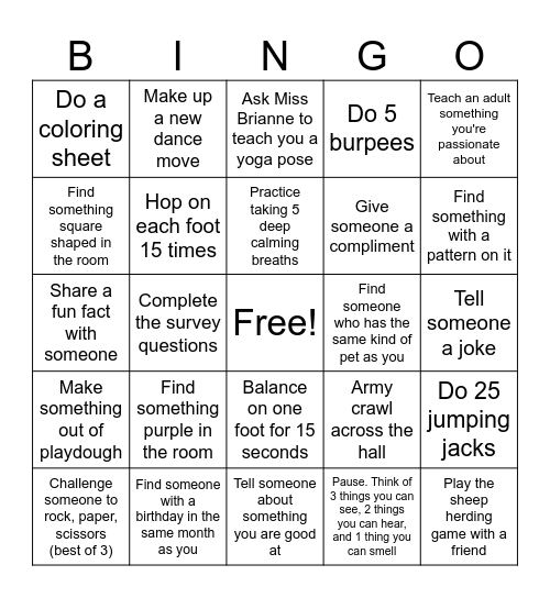 Activity Bingo Card
