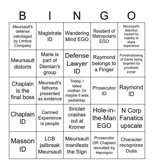 Canto X Bingo Card