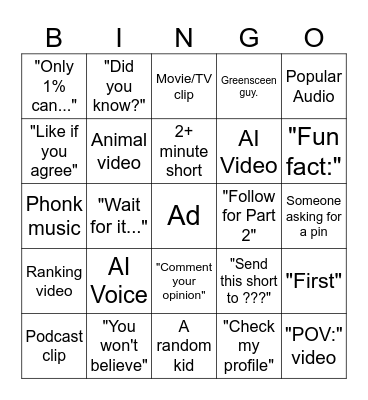 YT SHORTS BINGO Card