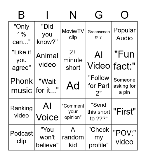 YT SHORTS BINGO Card