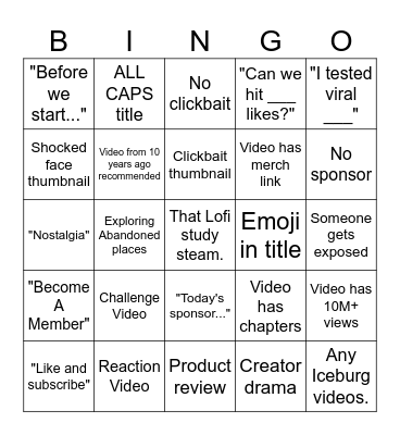 YOUTUBE BINGO Card