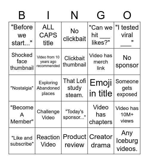 YOUTUBE BINGO Card