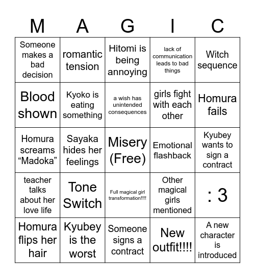 Madoka Magica Bingo Card