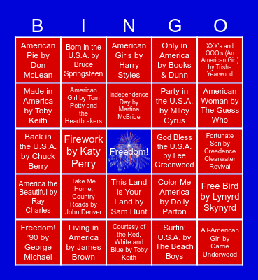 America's Boom Box Playlist Bingo Card
