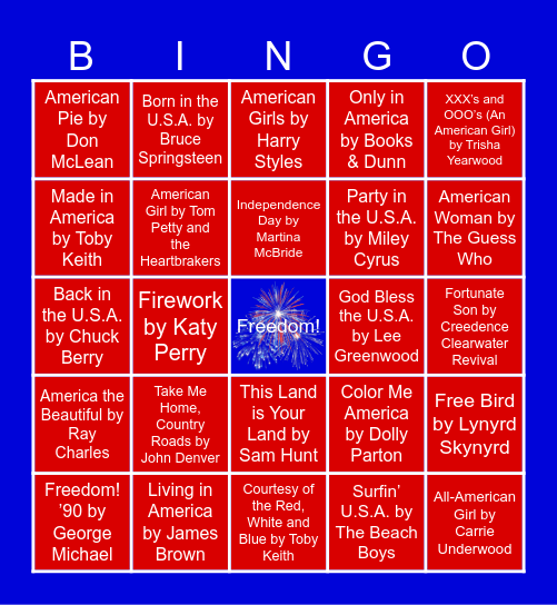 America's Boom Box Playlist Bingo Card