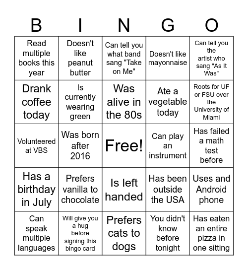 Find Someone Who... Bingo Card