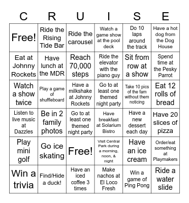 Allure of the Seas Bingo Card