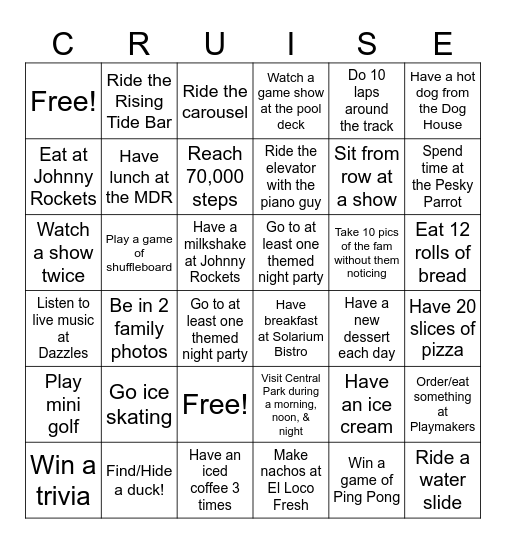 Allure of the Seas Bingo Card