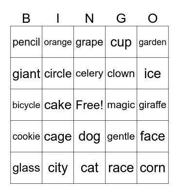 Hard and Soft C and G Sounds Bingo Card