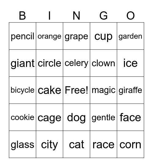 Hard and Soft C and G Sounds Bingo Card