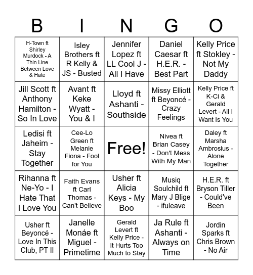 R&B Bingo: 00s Duets Bingo Card
