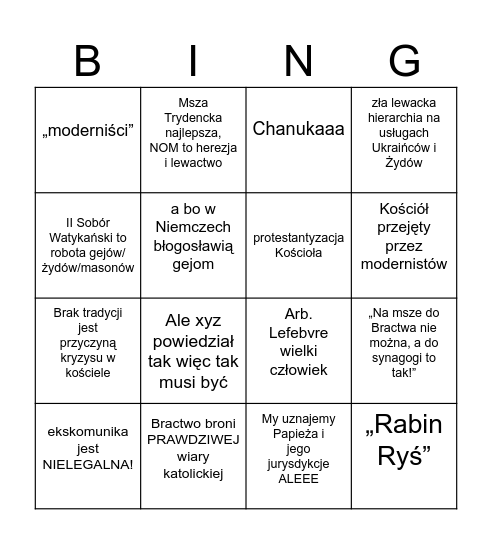 Kółko wzajemnej adoracji pod wezwaniem św. Marcel Lefebvre BINGO Card