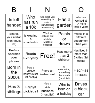TA BINGO..Find Someone who.. Bingo Card