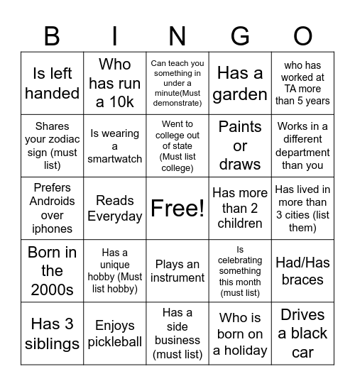 TA BINGO..Find Someone who.. Bingo Card