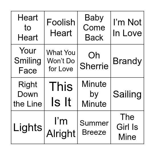 Yacht Rock Bingo Card