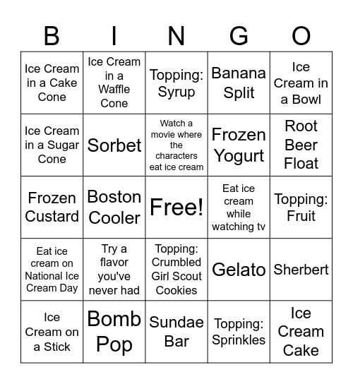 Ice Cream BINGO Card