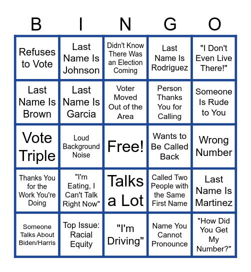Phonebank Bingo Card