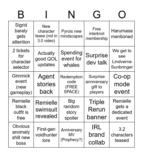 ZZZ 3.1 Livestream Bingo Card