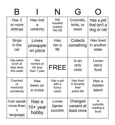 Employee Bingo Card