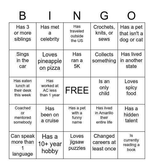 Employee Bingo Card