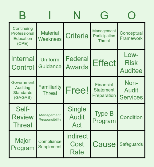 Single Audit CPE Bingo Card