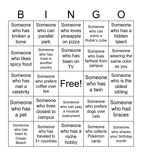 Orientation Human Bingo Card