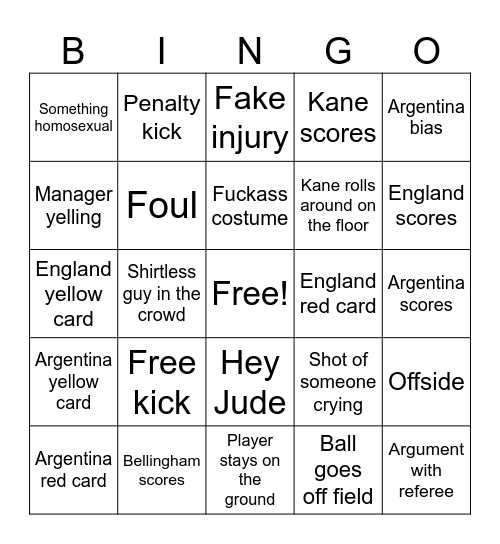 England v Argentina Bingo Card